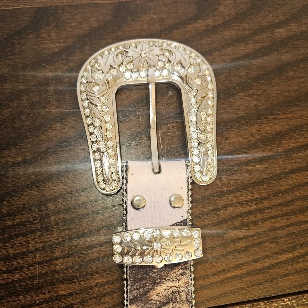 Vintage Nocona Pink Camo Rhinestone Western Leather Belt Womens L 38